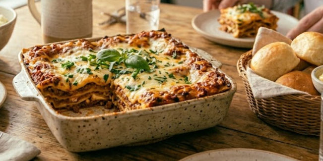 Cheesy baked lasagna in a casserole dish on a rustic table, with bread rolls and a plated serving in the background.
