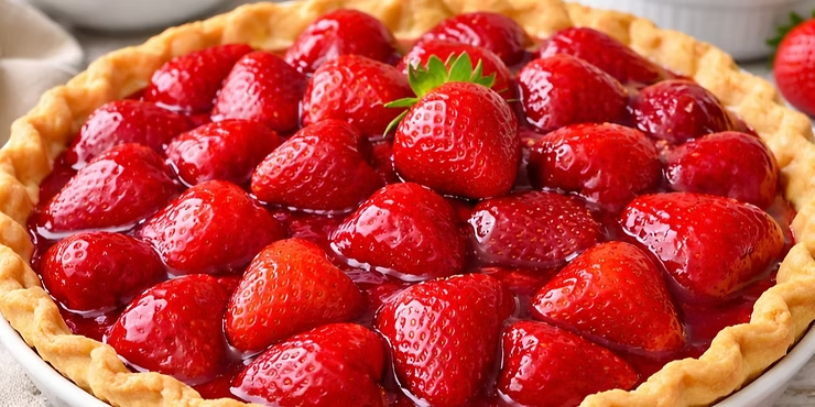 Fresh strawberry pie with glossy red strawberries on a golden crust, set on a light table. A vibrant and inviting dessert scene.