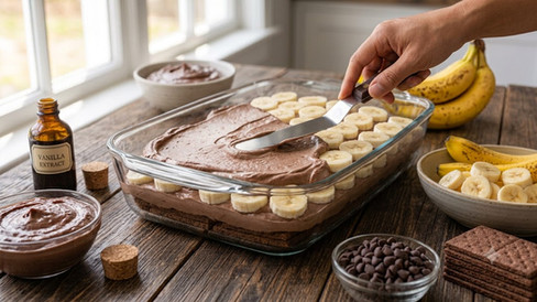Spreading creamy chocolate filling over banana slices and chocolate graham crackers while assembling Chocolate Banana Icebox Cake in a glass baking dish.