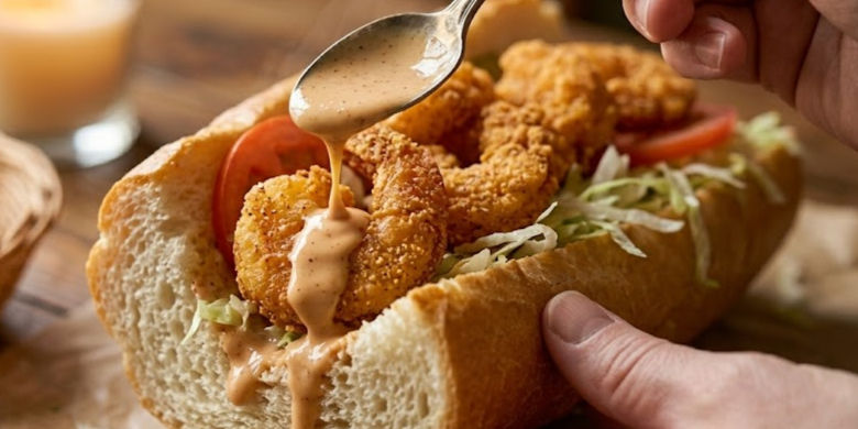 A hand drizzles sauce over a shrimp po' boy sandwich with lettuce and tomato on a wooden surface. The scene suggests a savory meal.