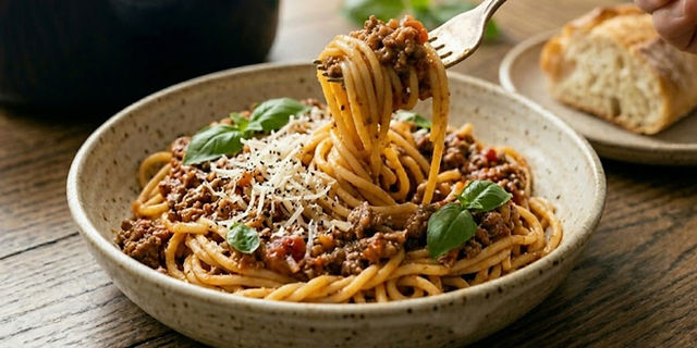 Spaghetti Bolognese topped with hearty meat sauce, Parmesan cheese, and fresh basil, with pasta twirled on a fork above the bowl.
