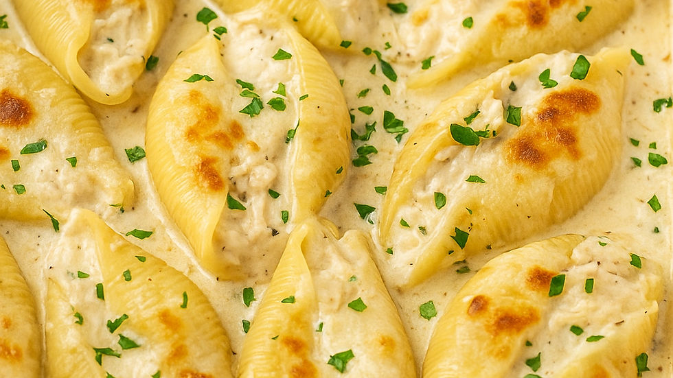 Stuffed pasta shells with creamy filling, topped with melted cheese and parsley, in a white sauce. Warm, inviting, and delicious.