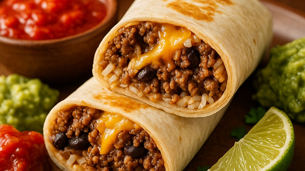 Burrito halves stuffed with beef, rice, and beans on a plate, surrounded by salsa, guacamole, lime wedge, and cilantro. Vibrant colors.