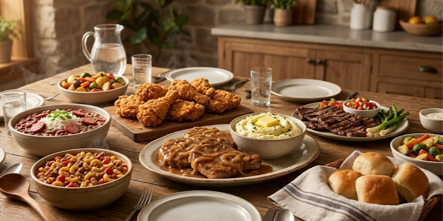 Rustic kitchen table filled with fried chicken, steak, mashed potatoes, beans, bread rolls, and colorful sides for a feast.