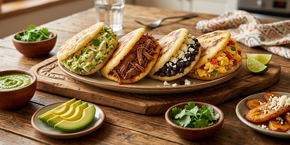 Four arepas with various fillings like avocado, meat, beans, and eggs on a wooden platter. Surrounding dishes include avocado slices and plantains.