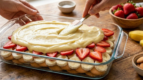 Layering strawberry banana pudding in a glass baking dish with sliced bananas, fresh strawberries, and creamy vanilla pudding spread over vanilla wafers.