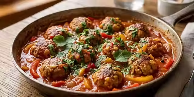Venezuelan meatballs simmered in a rich homemade tomato sauce and garnished with fresh parsley.