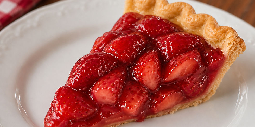 Slice of strawberry pie with glossy red strawberries on a flaky crust, served on a white plate. Warm and inviting mood.
