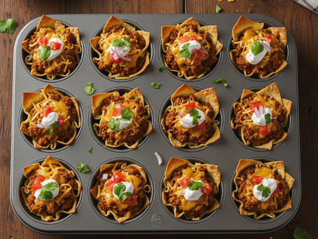 Taco cups in a muffin tin, filled with seasoned meat, cheese, sour cream, cilantro, on rustic wood. Vibrant colors and fresh ingredients.