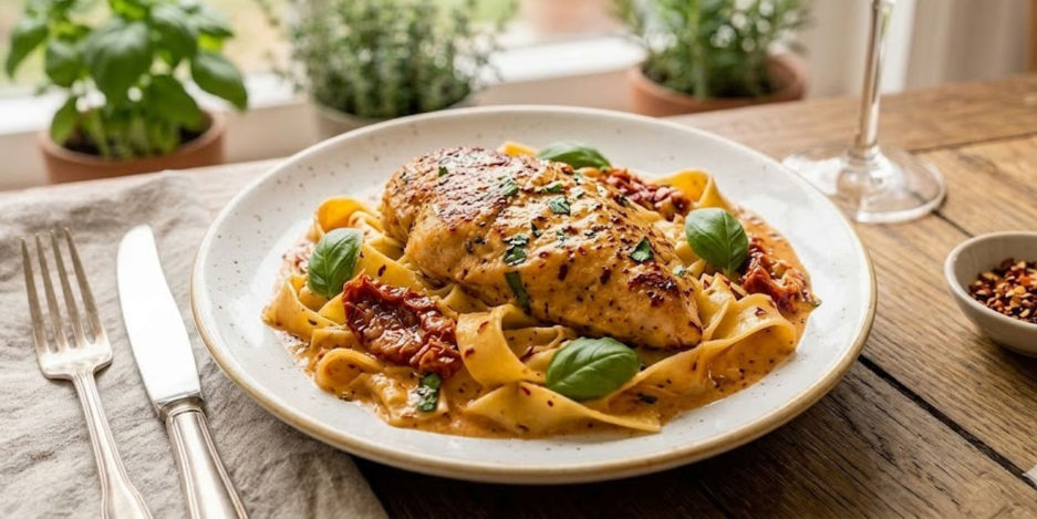 Plate of creamy pasta with grilled chicken, basil, and sun-dried tomatoes on a wooden table near potted herbs. Warm, rustic setting.