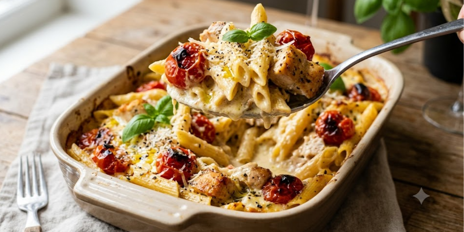 Baked penne pasta with chicken, roasted tomatoes and basil in a casserole dish, with a spoon lifting a creamy serving on a wooden table