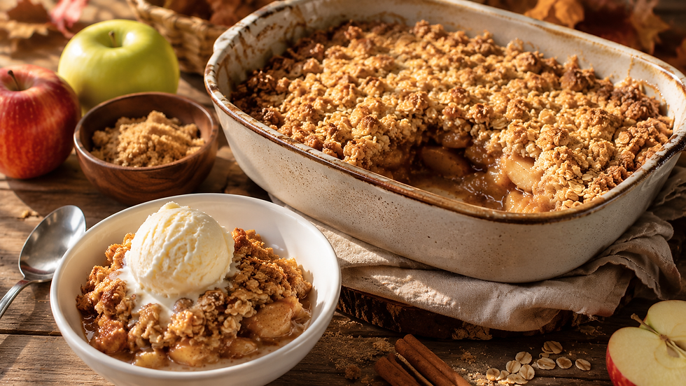 Apple crisp in a white bowl with vanilla ice cream, beside a baked dish, apples, oats, and cinnamon on a rustic table.
