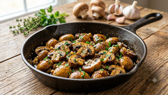 Sautéed garlic butter mushrooms garnished with fresh parsley in a rustic skillet.