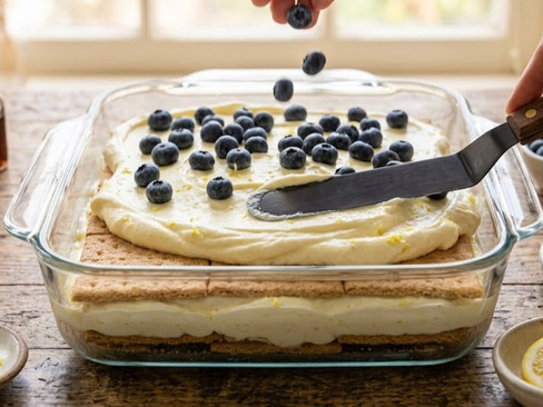 Fresh blueberries being added over creamy lemon filling while assembling layers of Blueberry Lemon Icebox Cake in a glass baking dish.