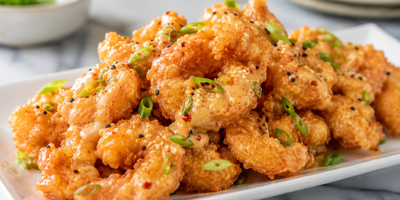 Bang Bang Shrimp coated in a creamy sweet and spicy sauce, garnished with green onions and served on a rustic platter.