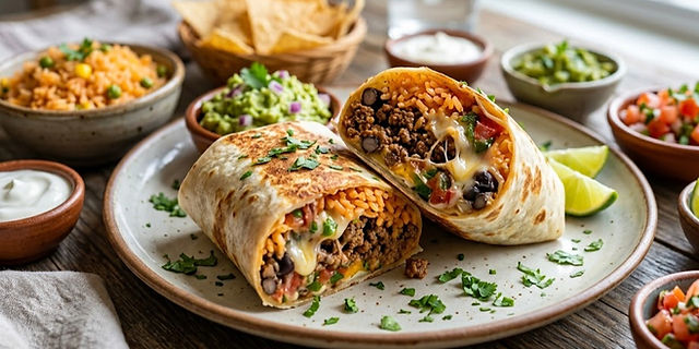 Mexican Beef Burritos filled with seasoned ground beef, rice, black beans, and melted cheese, sliced in half and served with fresh cilantro.