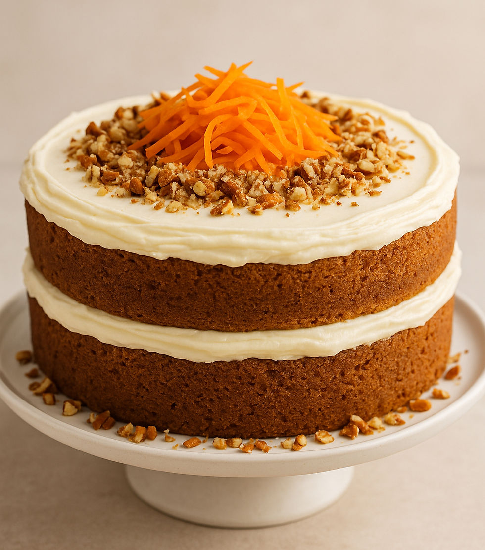 a two layer carrot cake with white frosting topped with walnut pieces and carrots sitting on a ceramic cake plate