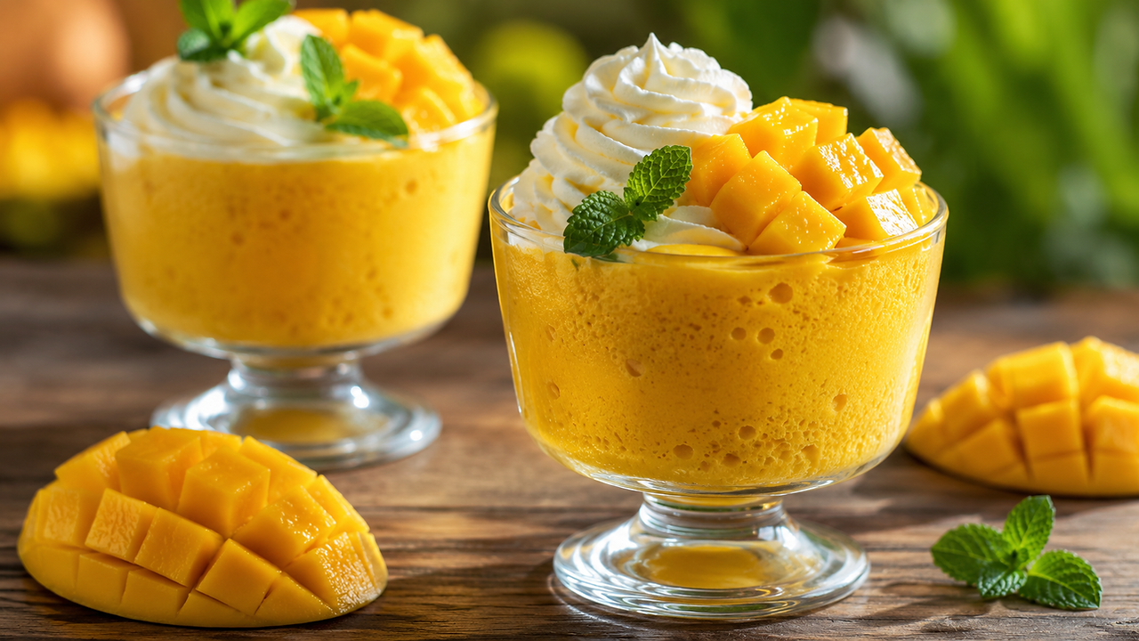 Creamy mango mousse topped with whipped cream, fresh mango, and mint served in elegant dessert glasses.