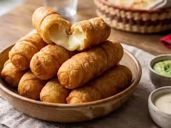 Authentic Venezuelan tequeños with golden crispy pastry wrapped around melted white cheese, served warm on a rustic plate