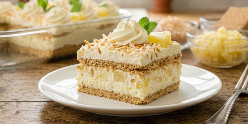 Slice of creamy pineapple icebox cake topped with whipped cream and mint on a white plate, with more dessert blurred behind.