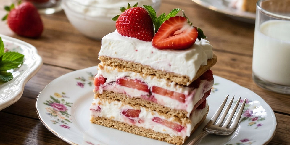 Strawberry shortcake with layers of cream and biscuits on a floral plate. A fork lies beside it, with strawberries and milk in the background.