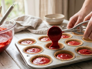 Red velvet cupcake batter being scooped into paper-lined muffin cups before baking.