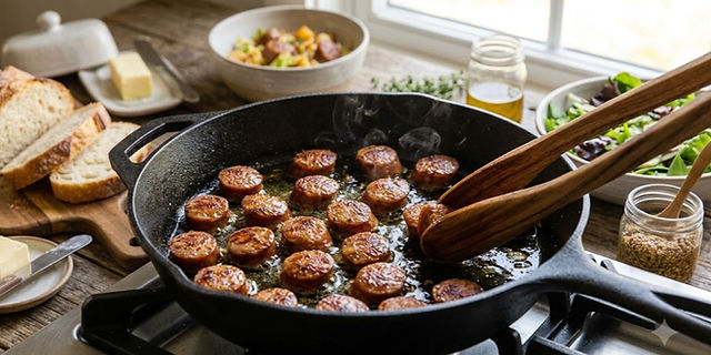 Sliced smoked sausage browning in a cast-iron skillet until caramelized and golden brown.