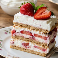 Strawberry icebox cake layered with cream and fresh strawberries on a dessert plate
