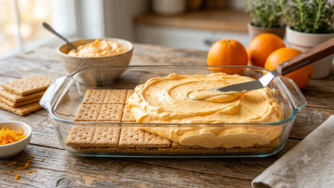 Orange Creamsicle Icebox Cake being assembled with graham crackers and creamy orange filling in a glass baking dish.