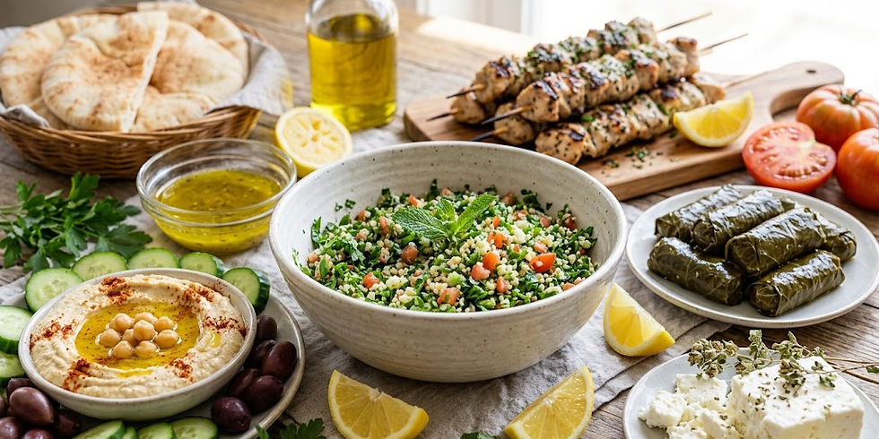Mediterranean mezze spread with hummus, tabbouleh, stuffed grape leaves, pita, olives, and grilled skewers on a rustic table.