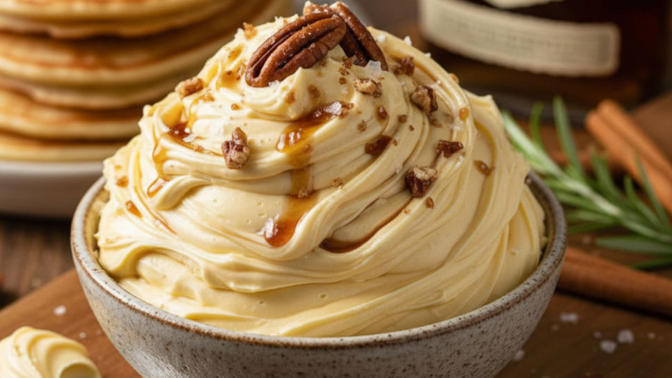 Creamy butter swirled in a bowl, topped with pecans and syrup. Pancakes in the background. Bottle labeled "Maple Leaf Bourbon."