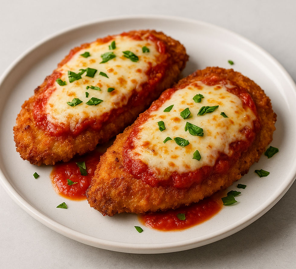 Two breaded chicken cutlets with melted cheese and tomato sauce, garnished with parsley, served on a white plate with a grey background.
