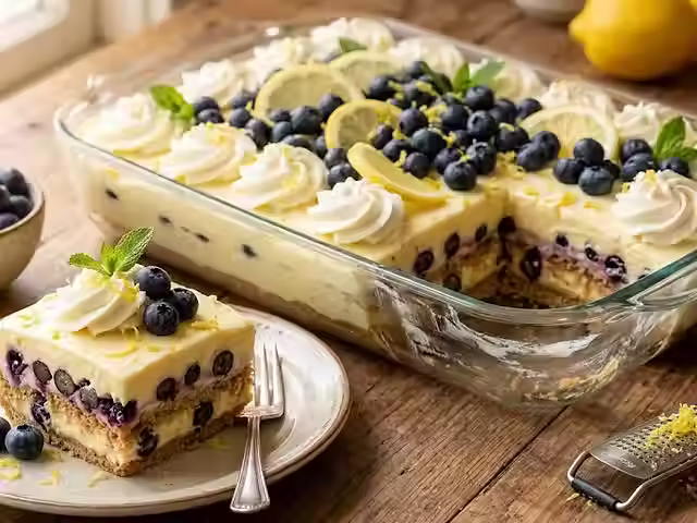 Blueberry Lemon Icebox Cake in a clear glass baking dish with a plated slice, featuring creamy lemon filling, fresh blueberries, graham cracker layers, whipped cream swirls, and lemon garnish on a rustic wooden table.