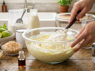 Folding freshly whipped cream into a creamy pineapple coconut filling in a large glass mixing bowl for an easy no-bake Pineapple Coconut Icebox Cake.