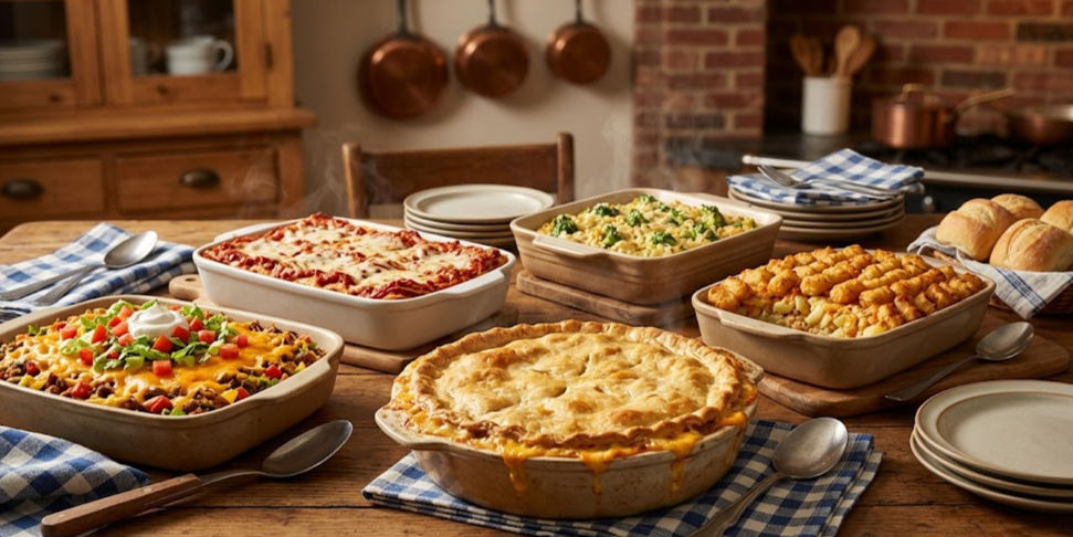 Large family dinner spread of casseroles, a golden pie, and rolls on a rustic kitchen table with blue-check napkins.