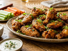Hot honey chicken wings topped with green onions on a platter, with celery, carrot sticks, and dipping sauces on a rustic table.
