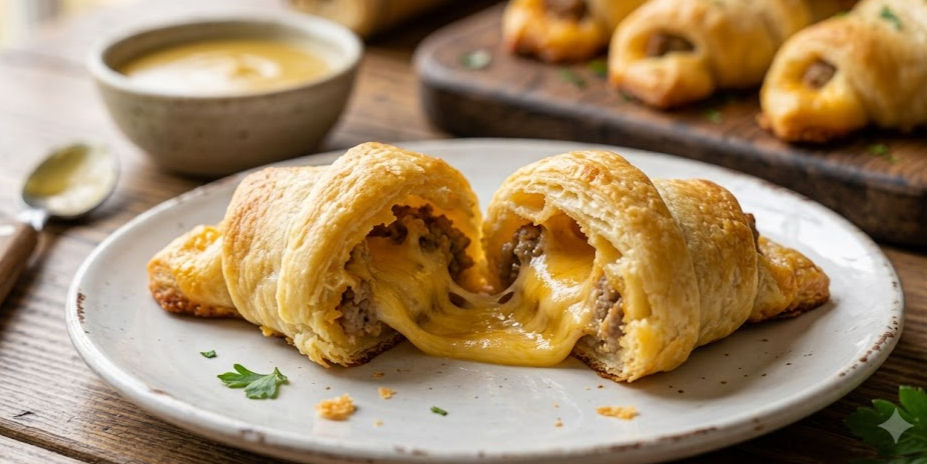 Cheesy stuffed crescent rolls split open on a plate, with sauce and more rolls on a tray in the background on a rustic table.