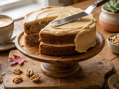 Maple Walnut Cake being frosted with creamy maple frosting on a wooden cake stand before decorating.