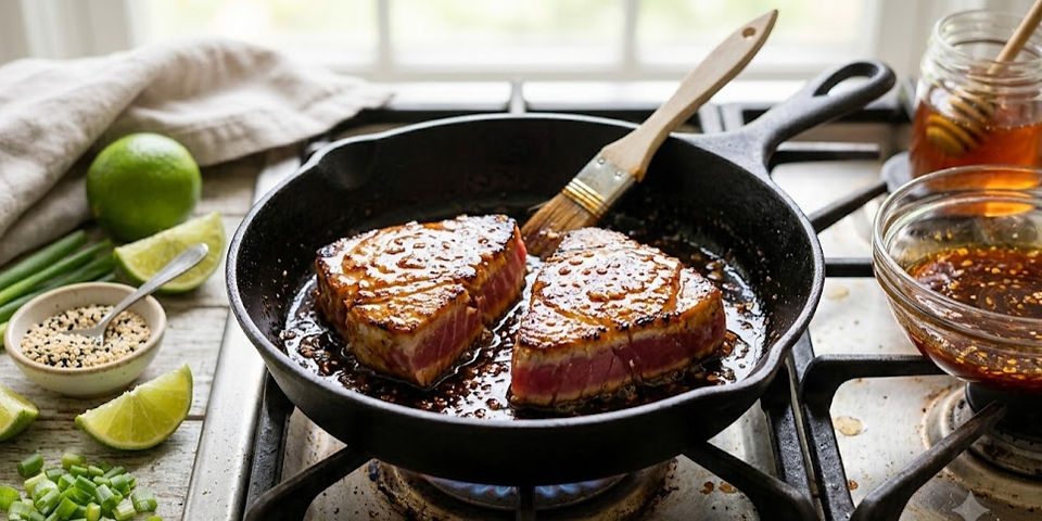 Ahi tuna steaks searing in a cast-iron skillet while being brushed with a glossy hot honey glaze to create a caramelized crust.