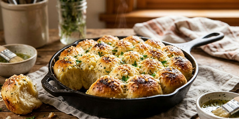 Golden garlic rolls in a cast iron skillet on a wooden table, with herbs and dipping sauce nearby. Warm, rustic kitchen ambiance.