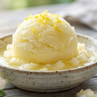 Lemon sorbet scooped into a bowl with fresh lemon zest and icy texture