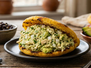Grilled arepa filled with creamy chicken, avocado, and onions on a plate. Black beans and sliced avocado in the background. Cozy setting.