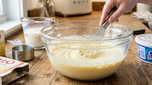 Vanilla pudding mixture being whisked in a large glass bowl on a wooden countertop, with measuring cups and whipped topping nearby during the preparation of homemade banana pudding.