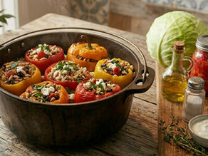 Stuffed peppers with rice and veggies in a pot on a wooden table, surrounded by cabbage, beef broth, olive oil, and spices. Cozy mood.