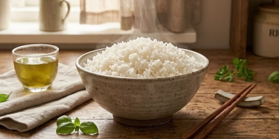 Fluffy white rice served in a rustic bowl with steam rising from freshly cooked grains
