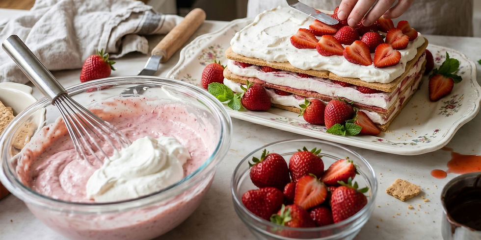 Hands decorate a layered strawberry cream cake with fresh strawberries on a floral platter. Nearby, bowls of strawberries and cream.