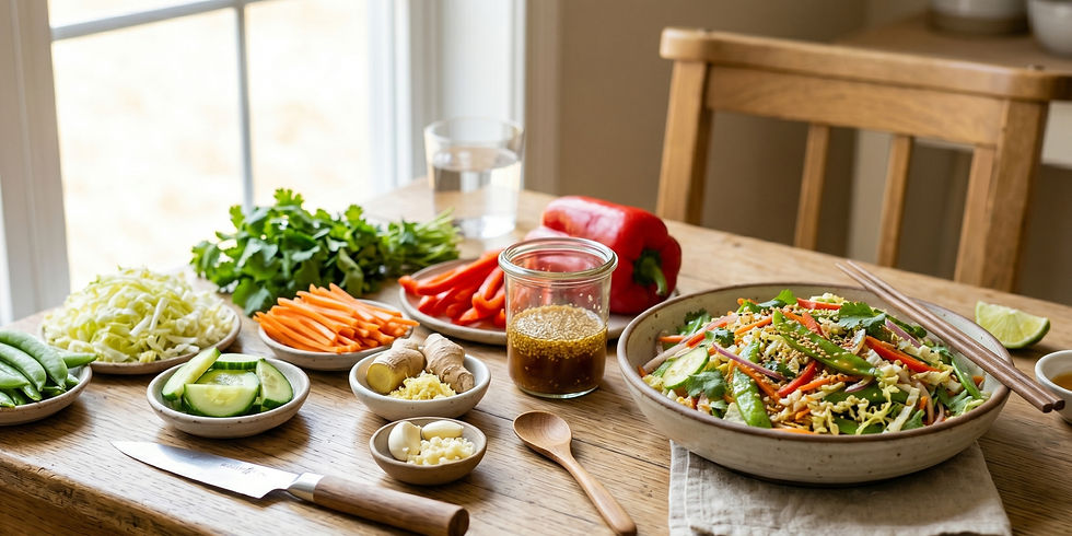 A table with a colorful salad in a bowl, surrounded by fresh veggies, ginger, a knife, and a jar of dressing, near a window.