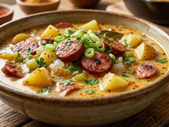 Bowl of creamy Cajun sausage and potato soup topped with sliced smoked sausage, diced potatoes, green onions, and parsley on a rustic wooden table.