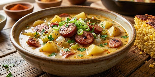 Bowl of creamy Cajun sausage and potato soup topped with sliced smoked sausage, diced potatoes, green onions, and parsley on a rustic wooden table.