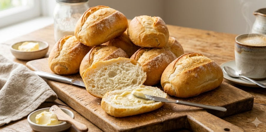 Fresh bread rolls piled on a wooden board, one split open with butter, on a rustic table beside cups and a butter dish.